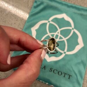 Kendra Scott Elyse Silver Ring Smoky Quartz Brown Oval Stone Double Band size 8